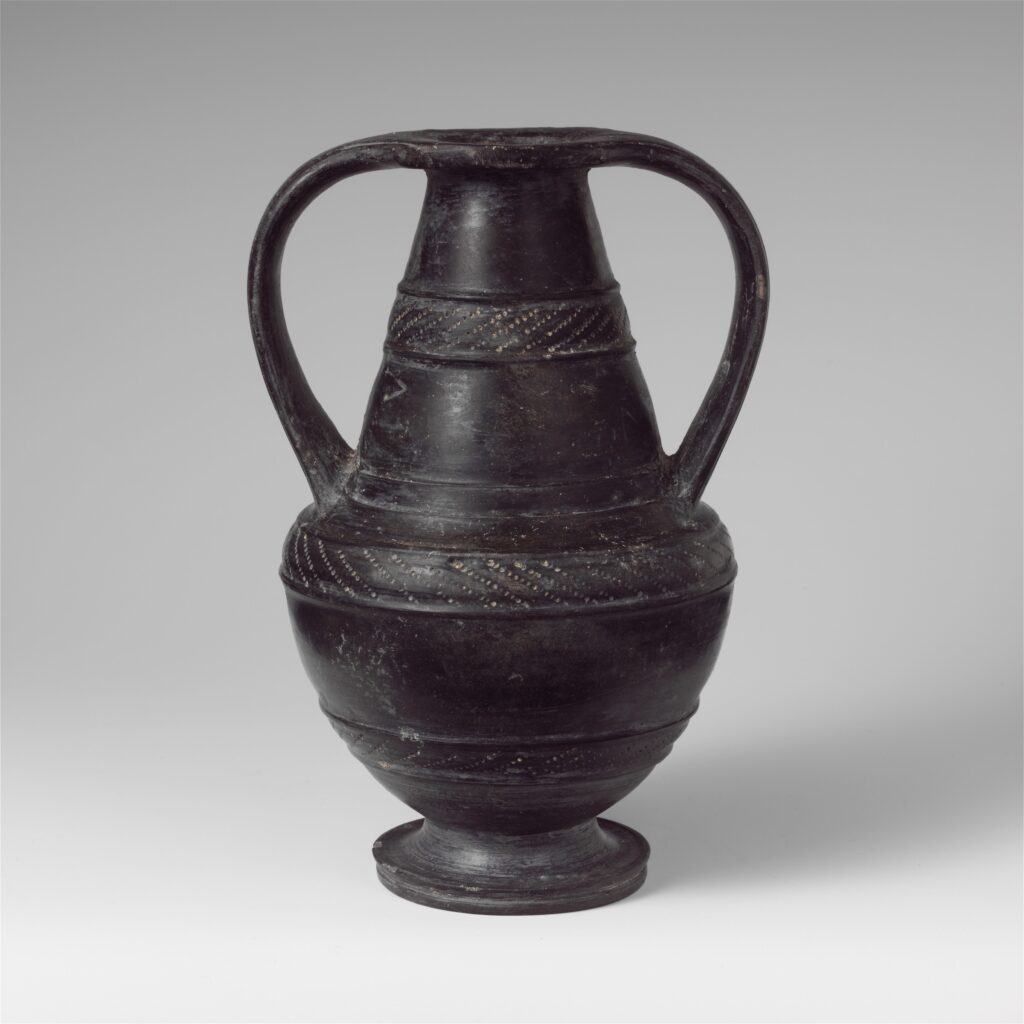 Terracotta Nicosthenic neck-amphora (jar) — Etruscan late 7th–6th century BCE