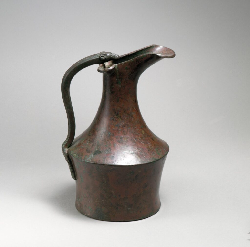 Bronze oinochoe (jug) and handle attachment — Etruscan ca. 425–400 BCE
