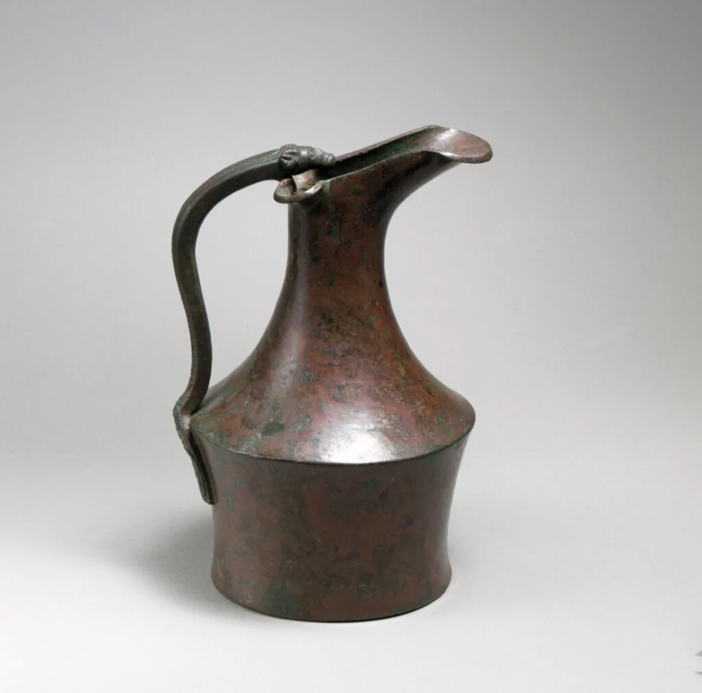 Bronze oinochoe (jug) and handle attachment — Etruscan ca. 425–400 BCE