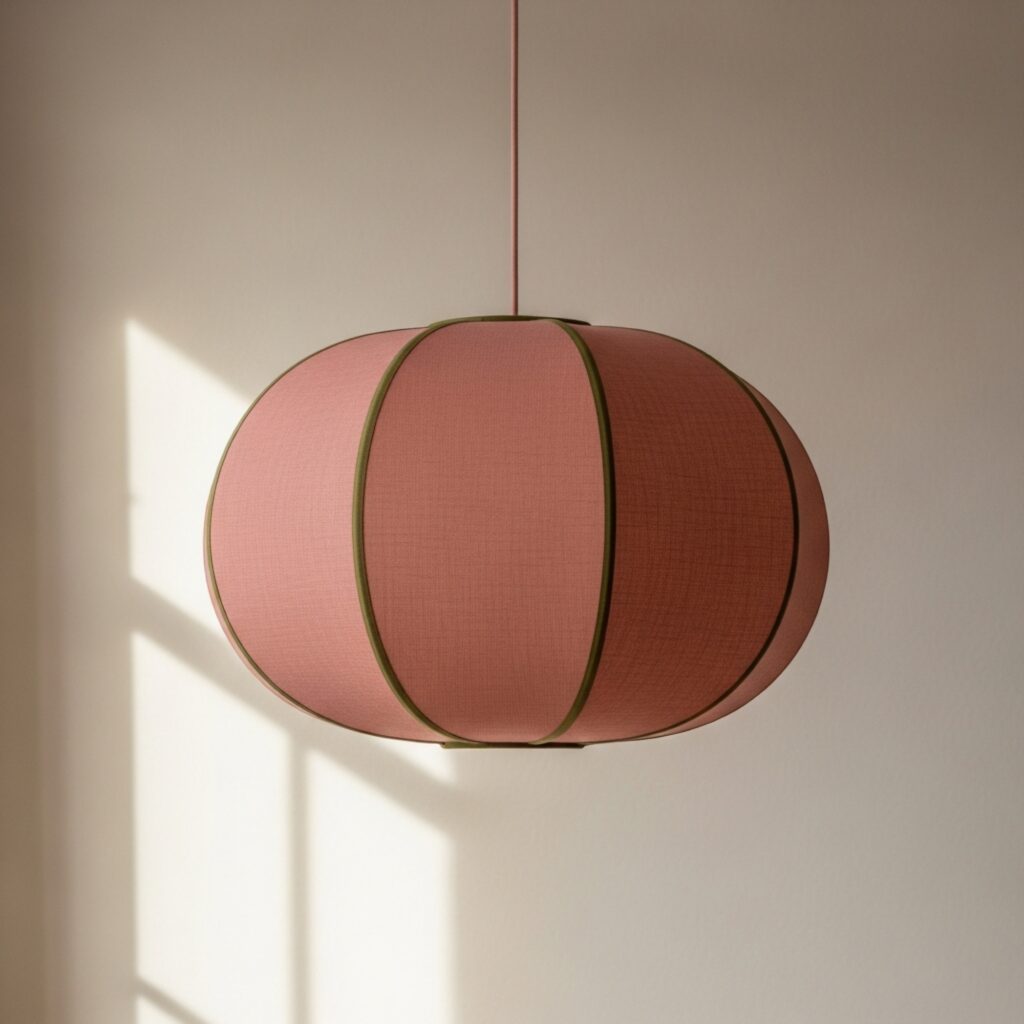 Paralume in cotone rosa cipria con cuciture verticali strutturali oliva — Tipo A rotondo, atelier Teresa Roma — Rima Fonti