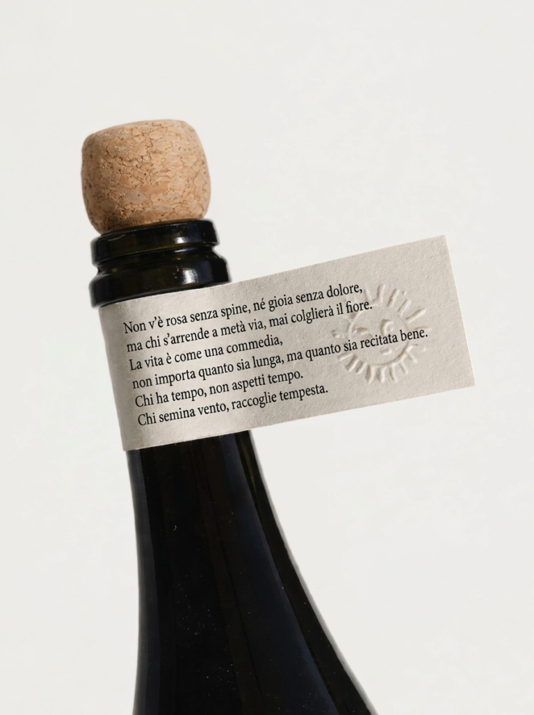 Etichetta a rilievo con sole — bottiglie d'autore, vini biologici, edizioni poetiche.